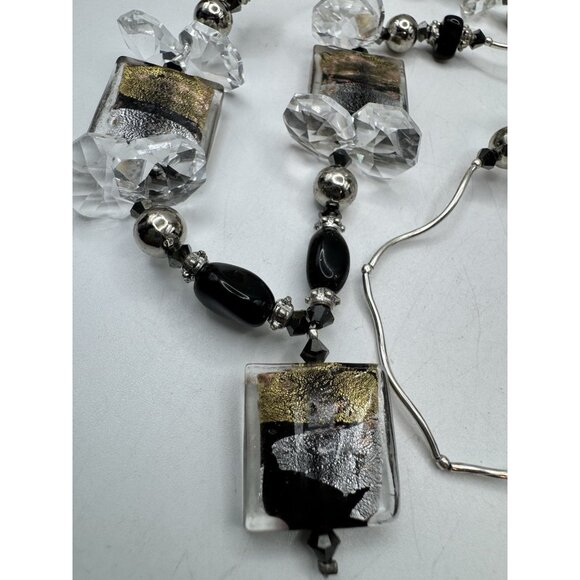 Black Silver Foil Art Glass Beaded Silver/Gold Tone And Crystal Necklace Vintage - Picture 6 of 9